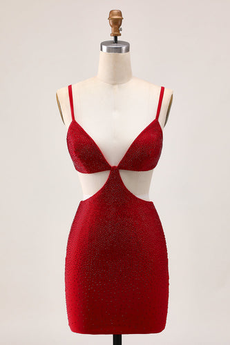 Sparkly Red Cut Out Tight Short Homecoming Dress with Beading