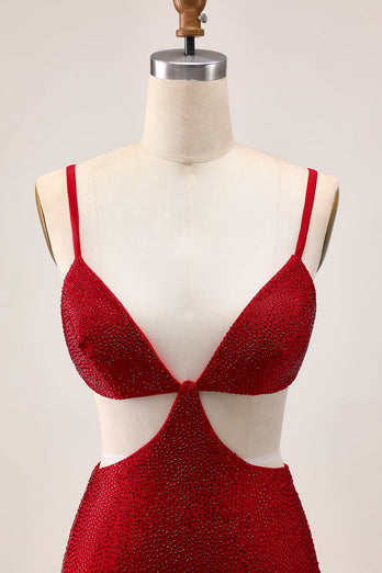 Sparkly Red Cut Out Tight Short Homecoming Dress with Beading
