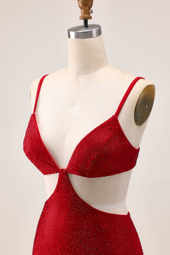 Sparkly Red Cut Out Tight Short Homecoming Dress with Beading