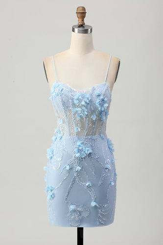 Sparkly Blue Corset Floral Tight Short Homecoming Dress with Sequins