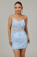 Load image into Gallery viewer, Sparkly Blue Corset Floral Tight Short Homecoming Dress with Sequins