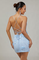 Load image into Gallery viewer, Sparkly Blue Corset Floral Tight Short Homecoming Dress with Sequins