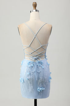 Sparkly Blue Corset Floral Tight Short Homecoming Dress with Sequins