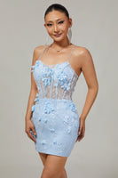 Load image into Gallery viewer, Sparkly Blue Corset Floral Tight Short Homecoming Dress with Sequins