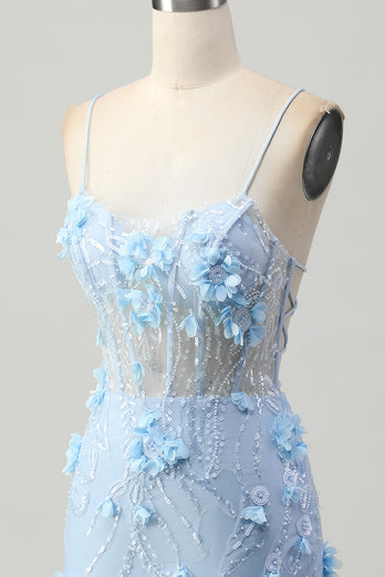 Sparkly Blue Corset Floral Tight Short Homecoming Dress with Sequins