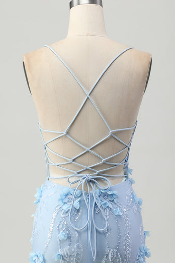 Sparkly Blue Corset Floral Tight Short Homecoming Dress with Sequins