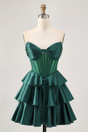 Sparkly Dark Green Corset Short Strapless Homecoming Dress with Beading