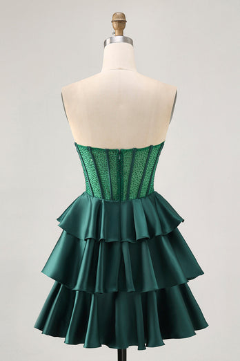 Sparkly Dark Green Corset Short Strapless Homecoming Dress with Beading