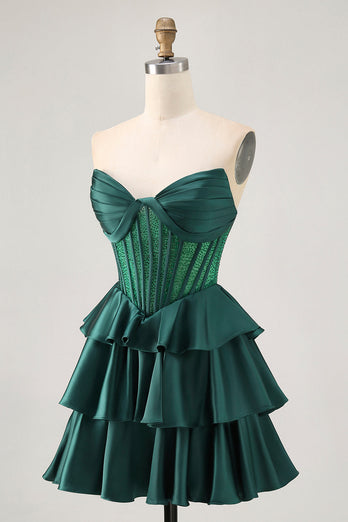 Sparkly Dark Green Corset Short Strapless Homecoming Dress with Beading