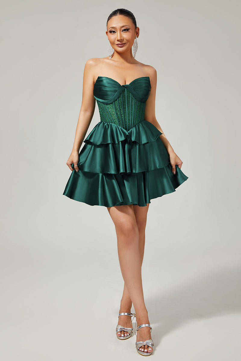 Load image into Gallery viewer, Sparkly Dark Green Corset Short Strapless Homecoming Dress with Beading