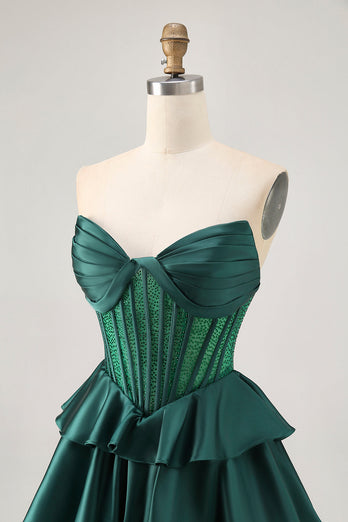 Sparkly Dark Green Corset Short Strapless Homecoming Dress with Beading