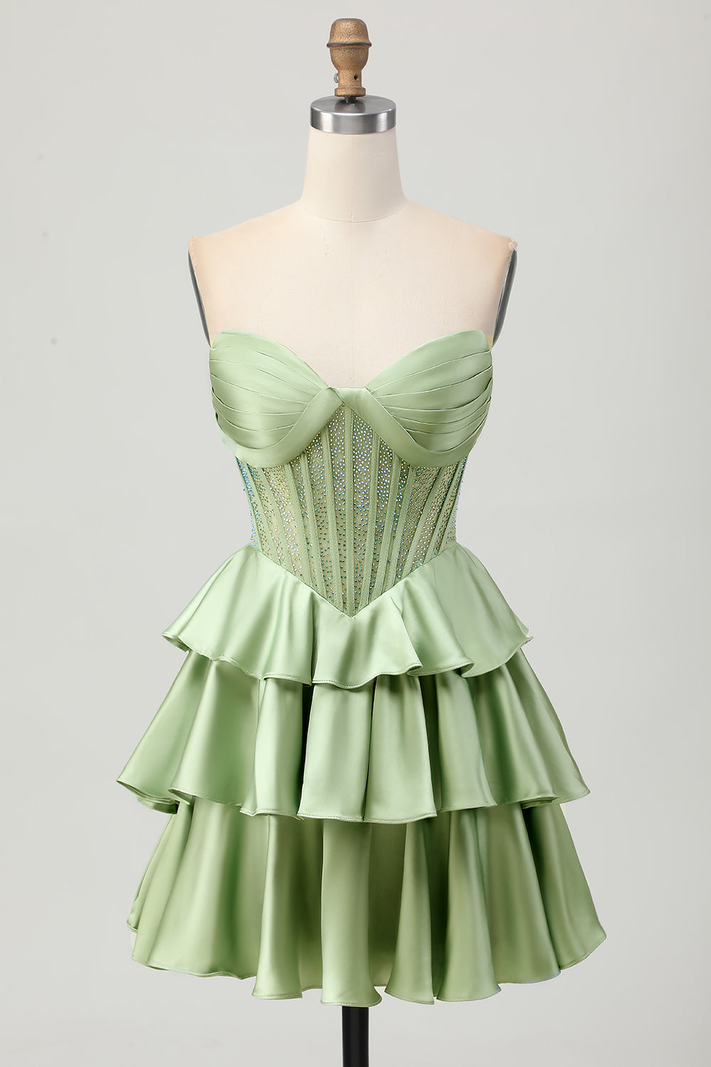 Sparkly Green Corset Strapless Ruffled Short Homecoming Dress with Beading