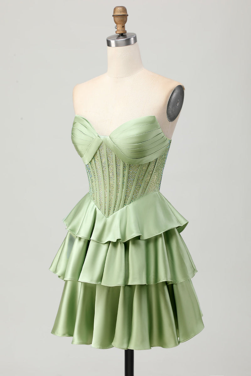 Load image into Gallery viewer, Sparkly Green Corset Strapless Ruffled Short Homecoming Dress with Beading