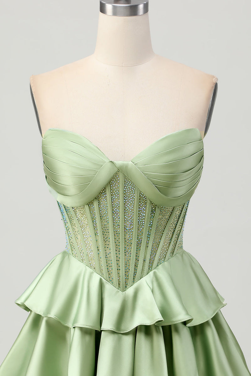 Load image into Gallery viewer, Sparkly Green Corset Strapless Ruffled Short Homecoming Dress with Beading