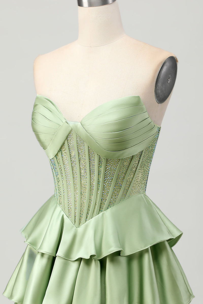 Load image into Gallery viewer, Sparkly Green Corset Strapless Ruffled Short Homecoming Dress with Beading