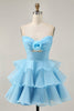 Load image into Gallery viewer, Floral Blue Ruched Strapless Short Homecoming Dress with Ruffles