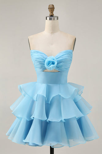 Floral Blue Ruched Strapless Short Homecoming Dress with Ruffles