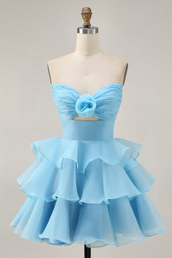 Floral Blue Ruched Strapless Short Homecoming Dress with Ruffles