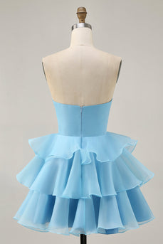 Floral Blue Ruched Strapless Short Homecoming Dress with Ruffles