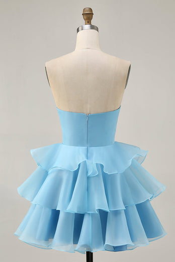 Floral Blue Ruched Strapless Short Homecoming Dress with Ruffles