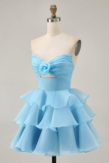 Floral Blue Ruched Strapless Short Homecoming Dress with Ruffles