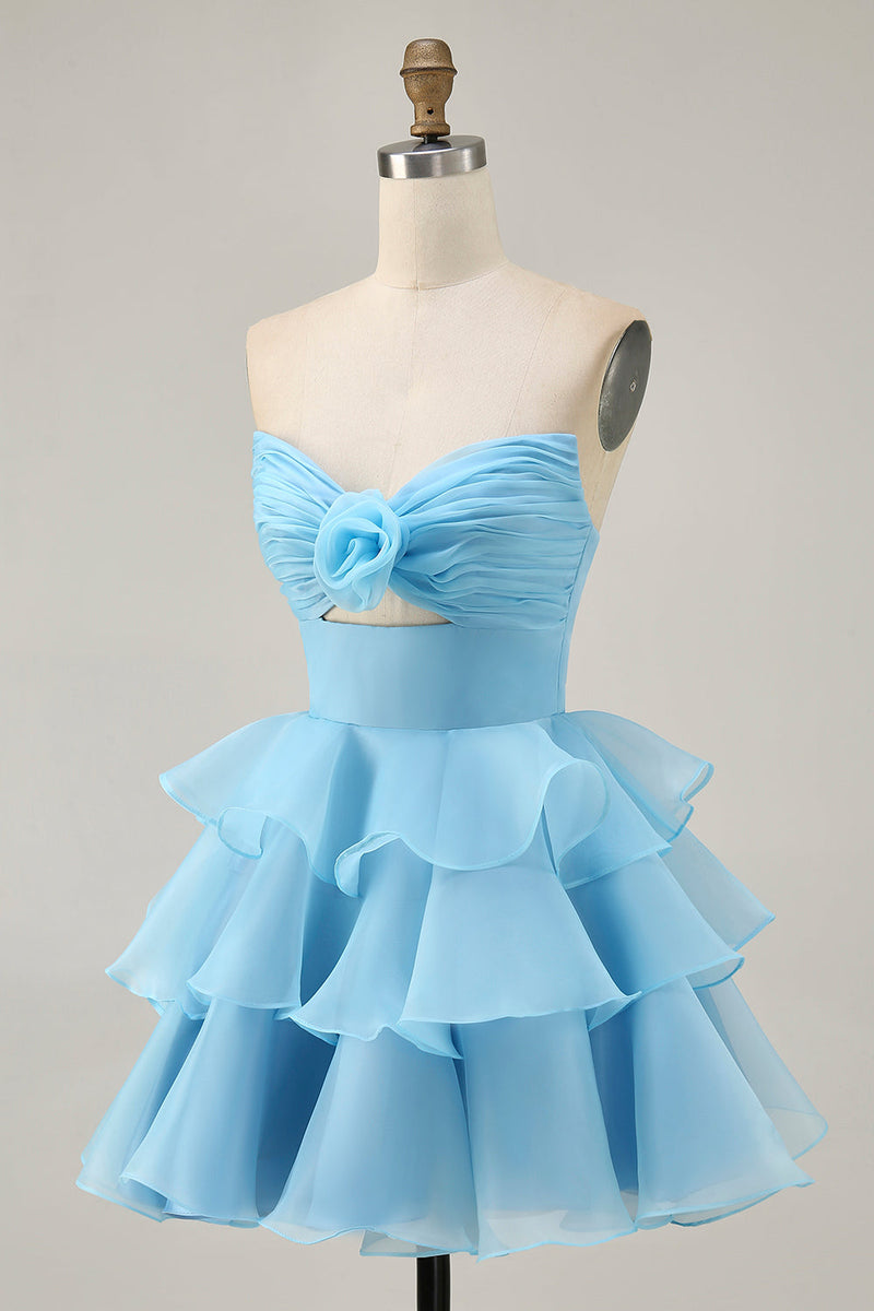 Load image into Gallery viewer, Floral Blue Ruched Strapless Short Homecoming Dress with Ruffles