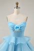 Load image into Gallery viewer, Floral Blue Ruched Strapless Short Homecoming Dress with Ruffles
