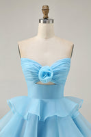 Load image into Gallery viewer, Floral Blue Ruched Strapless Short Homecoming Dress with Ruffles
