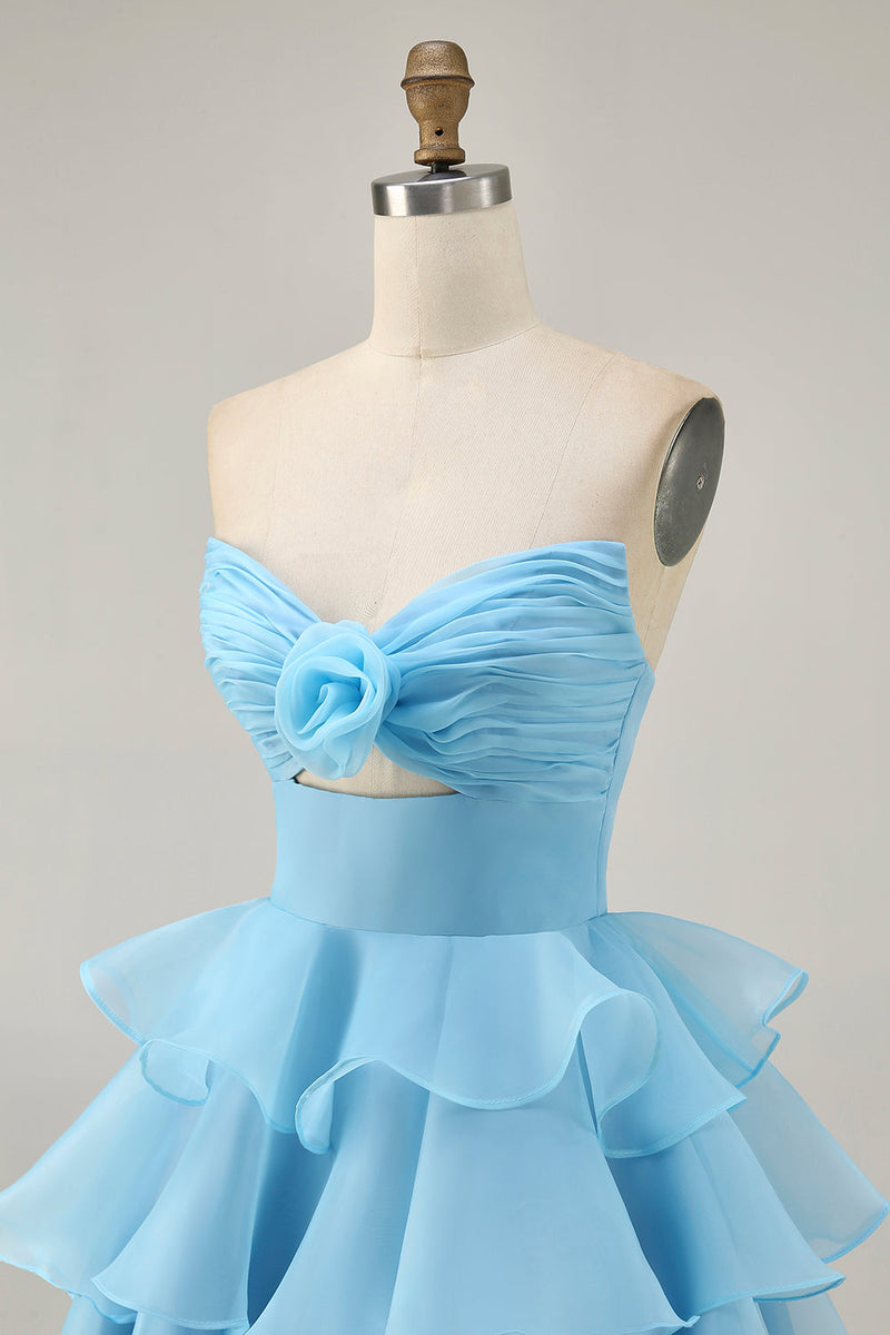 Load image into Gallery viewer, Floral Blue Ruched Strapless Short Homecoming Dress with Ruffles