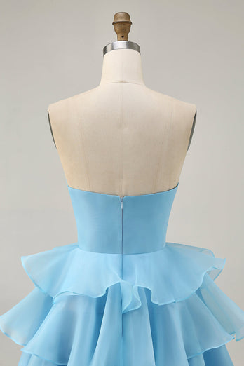 Floral Blue Ruched Strapless Short Homecoming Dress with Ruffles