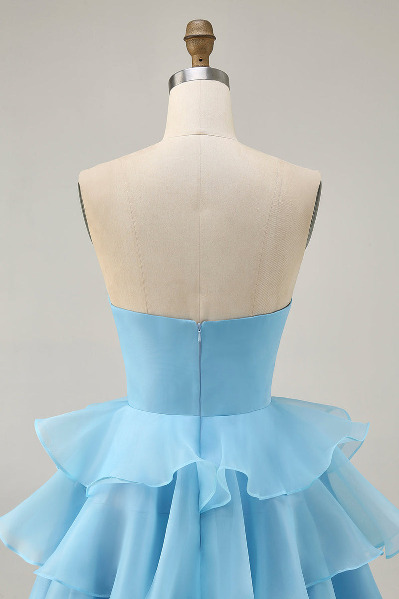 Load image into Gallery viewer, Floral Blue Ruched Strapless Short Homecoming Dress with Ruffles