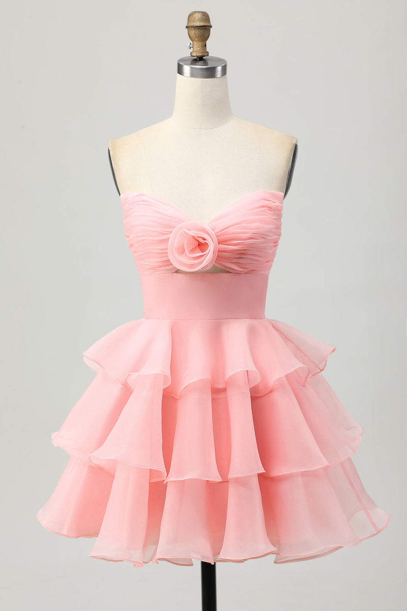 Load image into Gallery viewer, Floral Blue Ruched Strapless Short Homecoming Dress with Ruffles