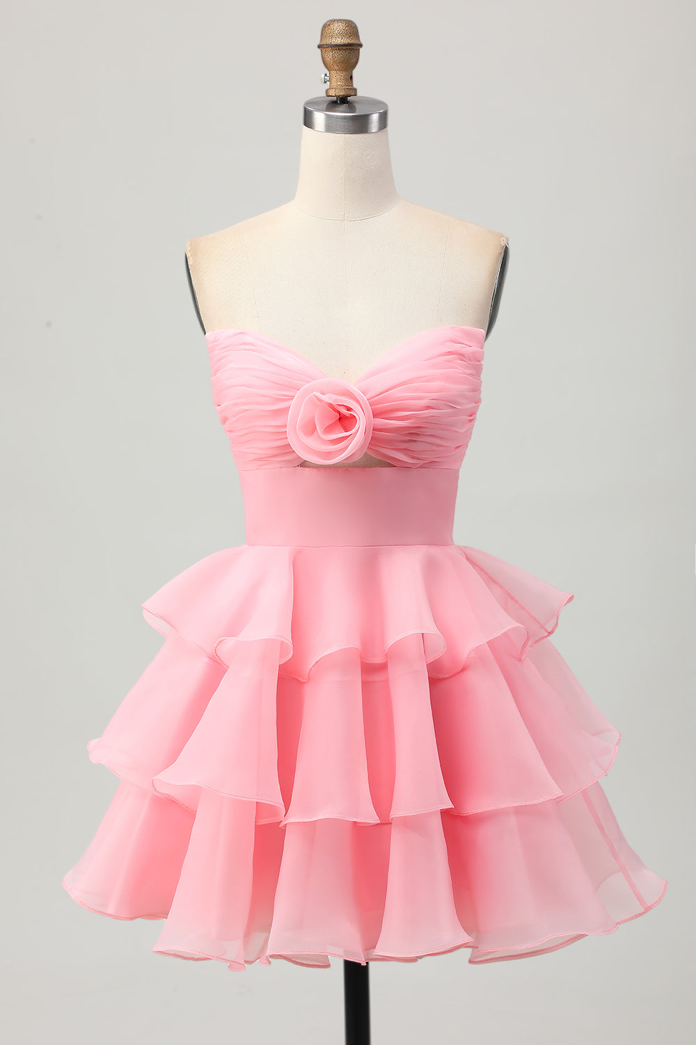 Floral Blush Strapless Ruched Short Homecoming Dress with Ruffles