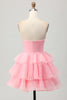 Load image into Gallery viewer, Floral Blush Strapless Ruched Short Homecoming Dress with Ruffles