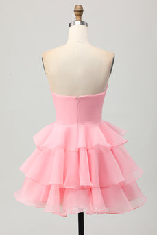 Floral Blush Strapless Ruched Short Homecoming Dress with Ruffles