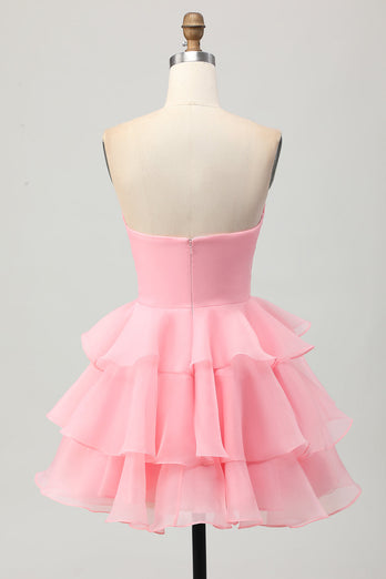 Floral Blush Strapless Ruched Short Homecoming Dress with Ruffles