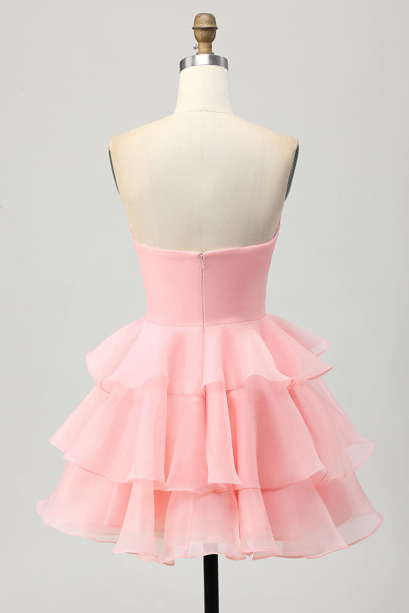 Load image into Gallery viewer, Floral Blue Ruched Strapless Short Homecoming Dress with Ruffles