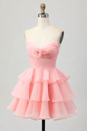 Floral Blue Ruched Strapless Short Homecoming Dress with Ruffles