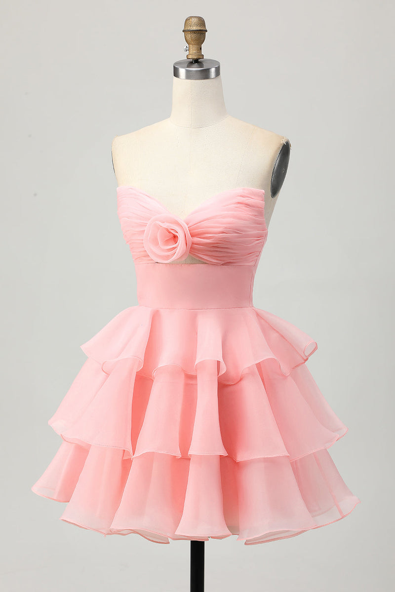 Load image into Gallery viewer, Floral Blue Ruched Strapless Short Homecoming Dress with Ruffles