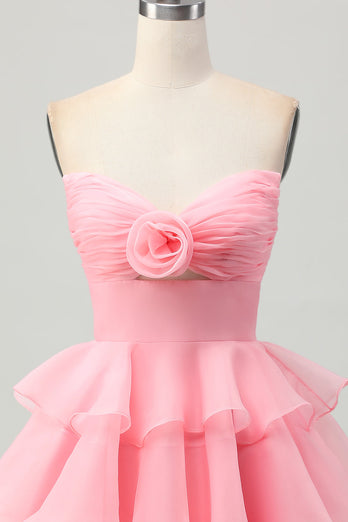 Floral Blush Strapless Ruched Short Homecoming Dress with Ruffles