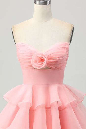 Floral Blue Ruched Strapless Short Homecoming Dress with Ruffles