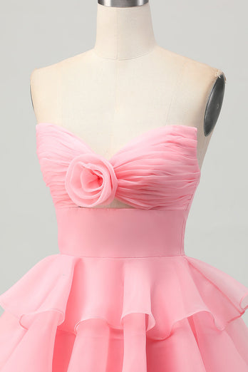 Floral Blush Strapless Ruched Short Homecoming Dress with Ruffles