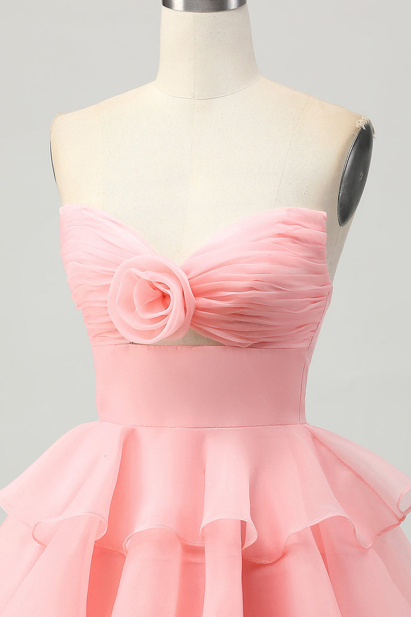 Load image into Gallery viewer, Floral Blue Ruched Strapless Short Homecoming Dress with Ruffles