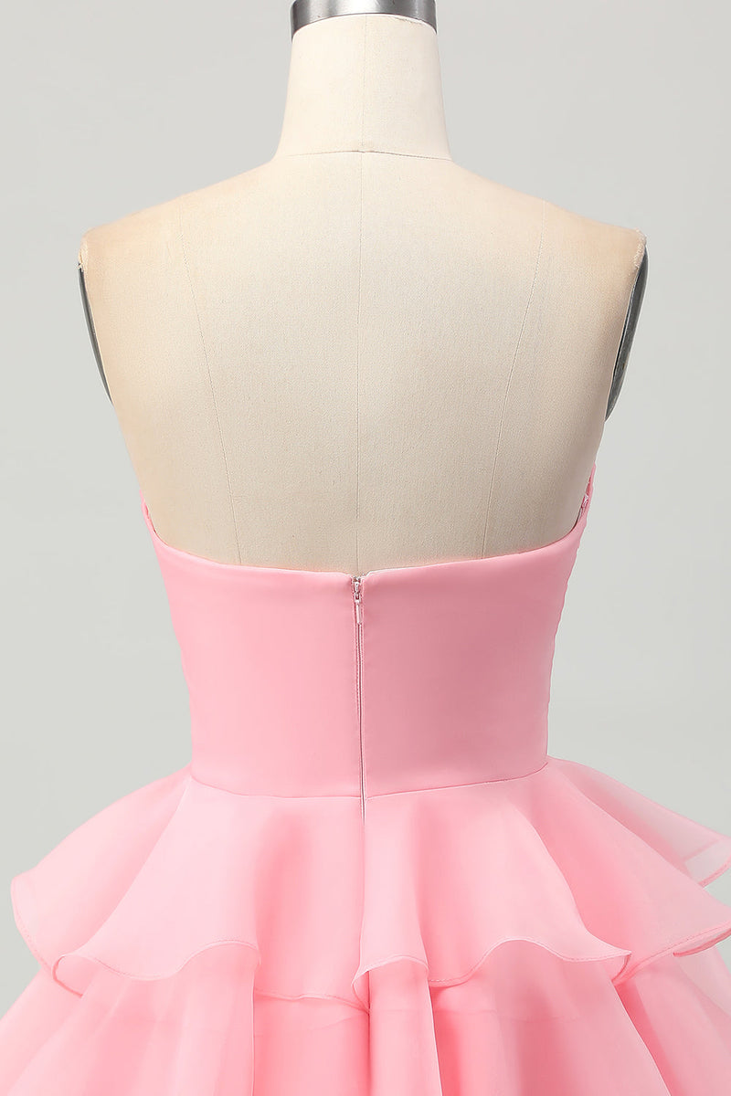 Load image into Gallery viewer, Floral Blush Strapless Ruched Short Homecoming Dress with Ruffles