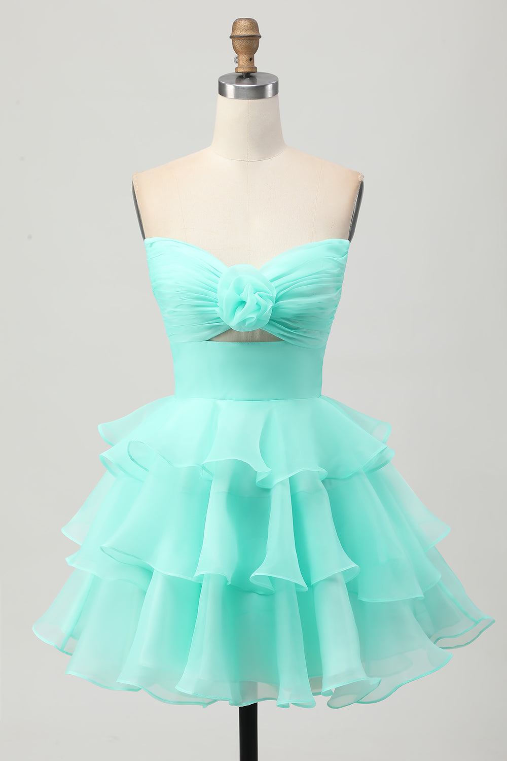 Green Strapless Ruched Ruffled Short Homecoming Dress with Flower
