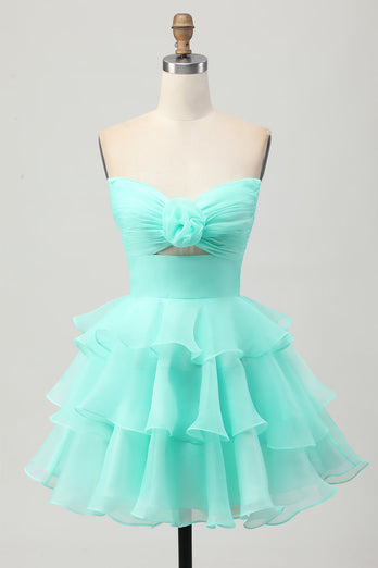 Floral Blue Ruched Strapless Short Homecoming Dress with Ruffles