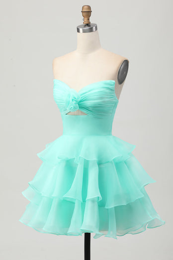 Floral Blush Strapless Ruched Short Homecoming Dress with Ruffles