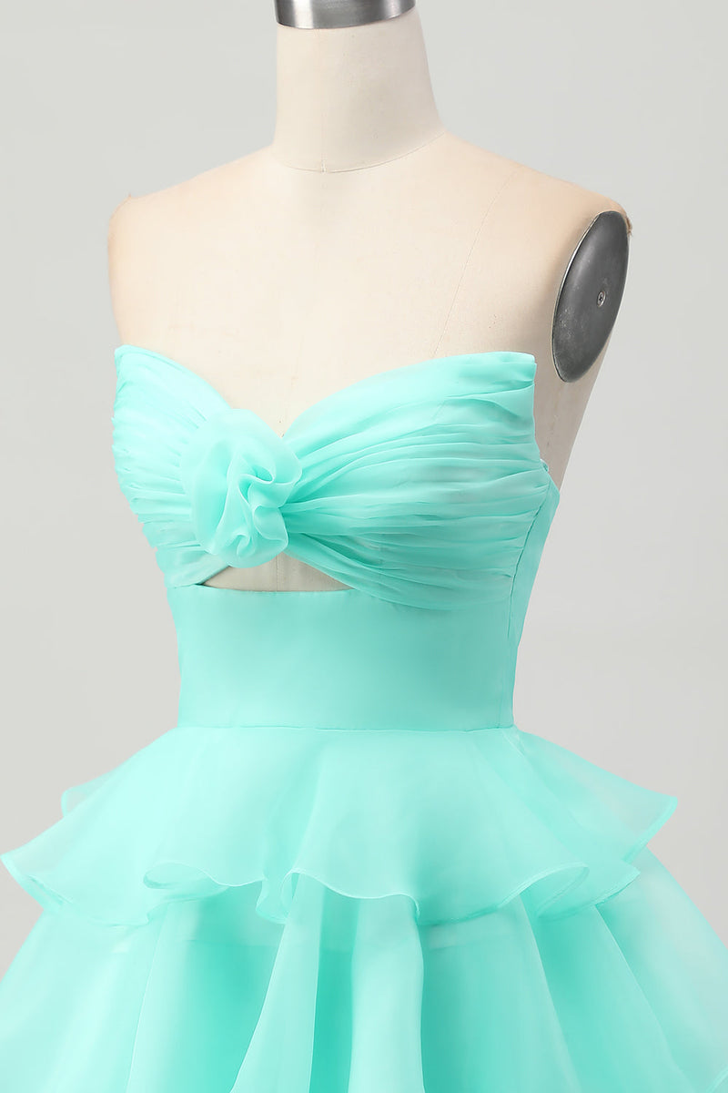 Load image into Gallery viewer, Floral Blush Strapless Ruched Short Homecoming Dress with Ruffles