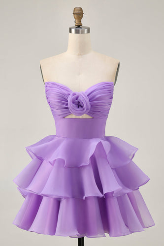 Floral Purple Tiered Strapless Short Homecoming Dress with Ruffles