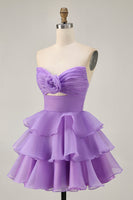 Load image into Gallery viewer, Floral Purple Tiered Strapless Short Homecoming Dress with Ruffles
